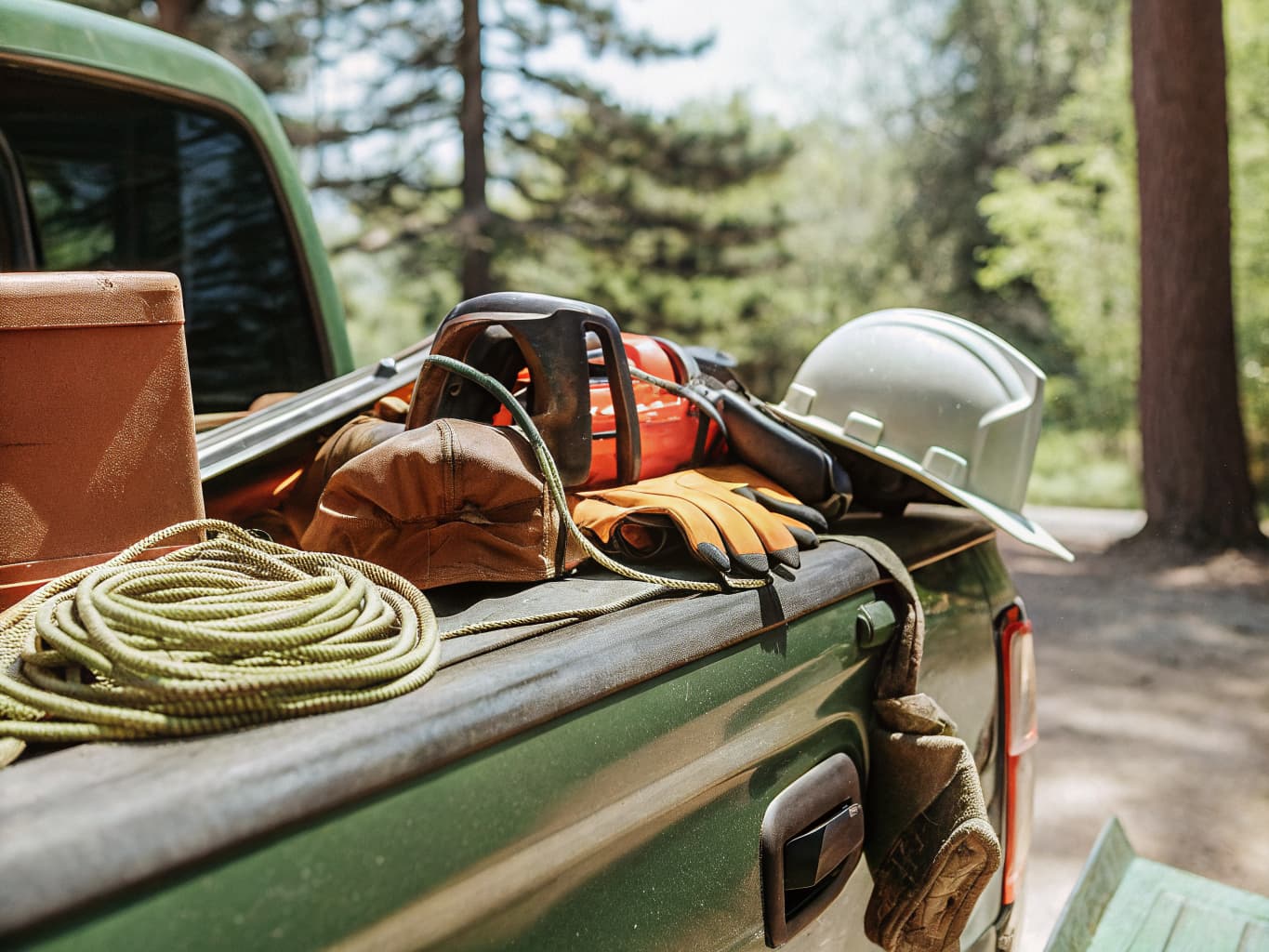 Tree service equipment including rope, chainsaw, gloves, and hard hat staged on a work truck tailgate