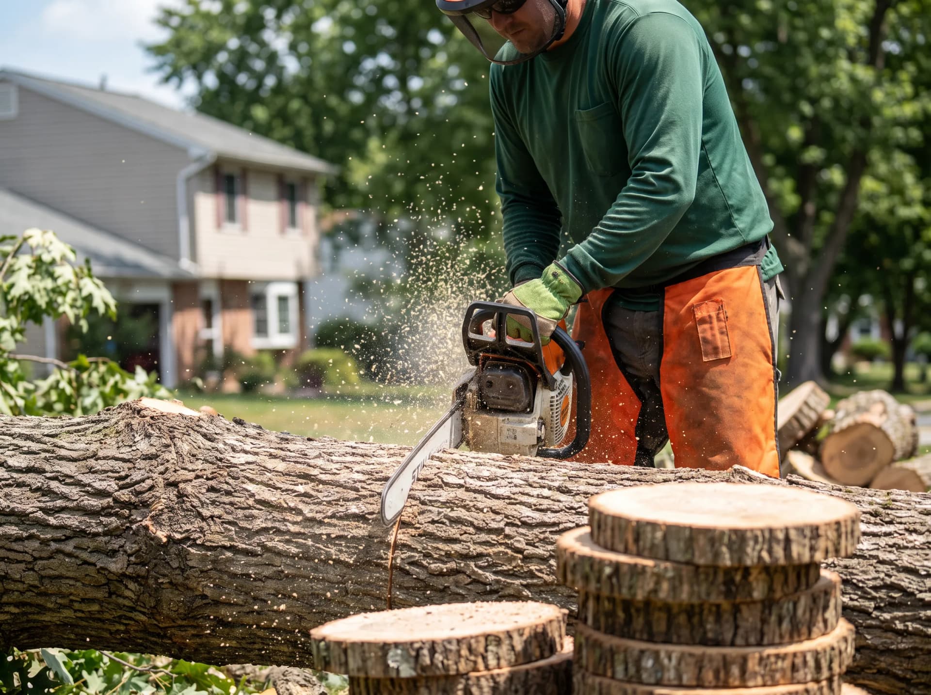Arborist cutting down sections of a large tree in a residential yard in York, PA