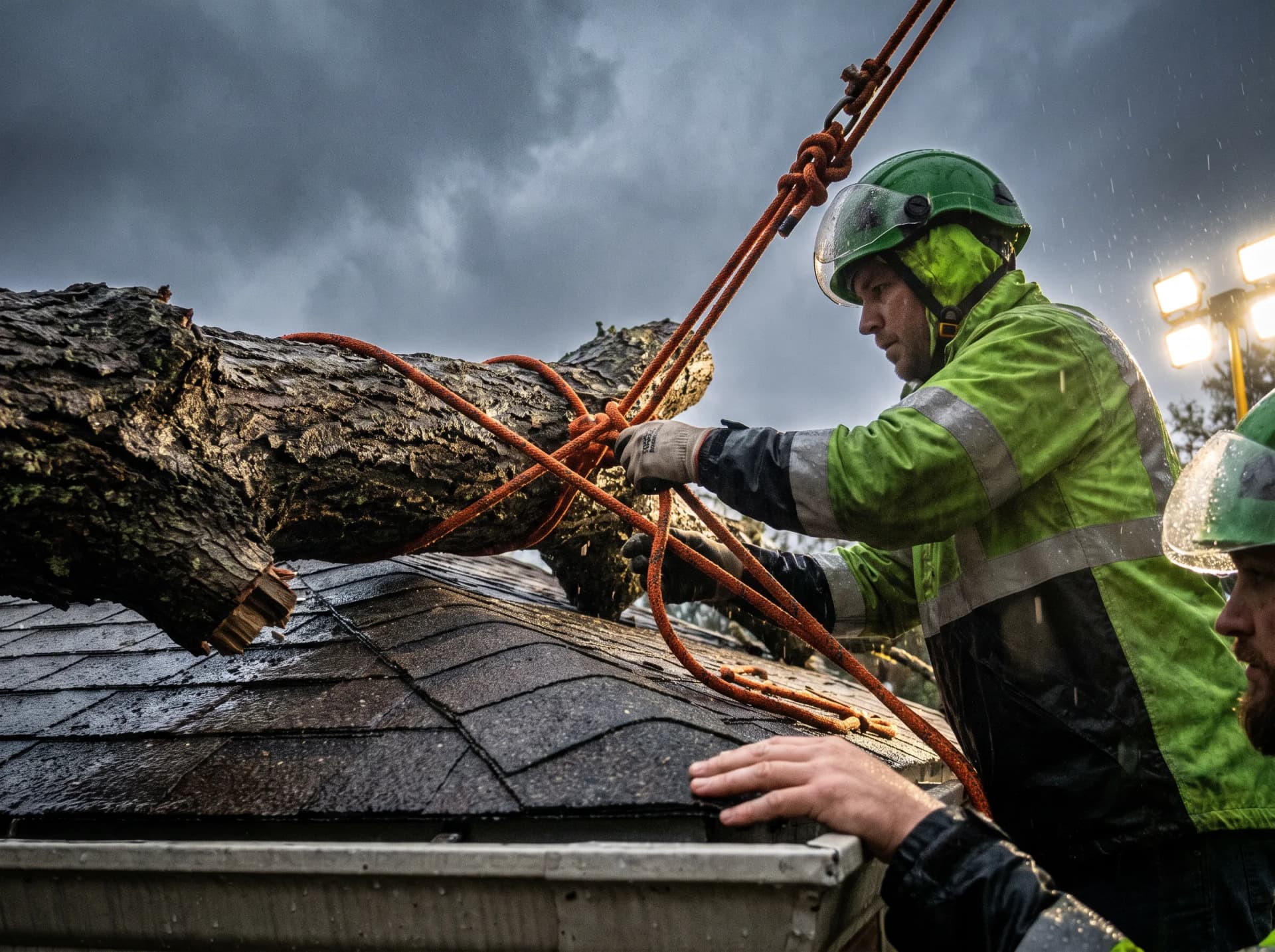 Crew removing a fallen tree from a driveway after a storm