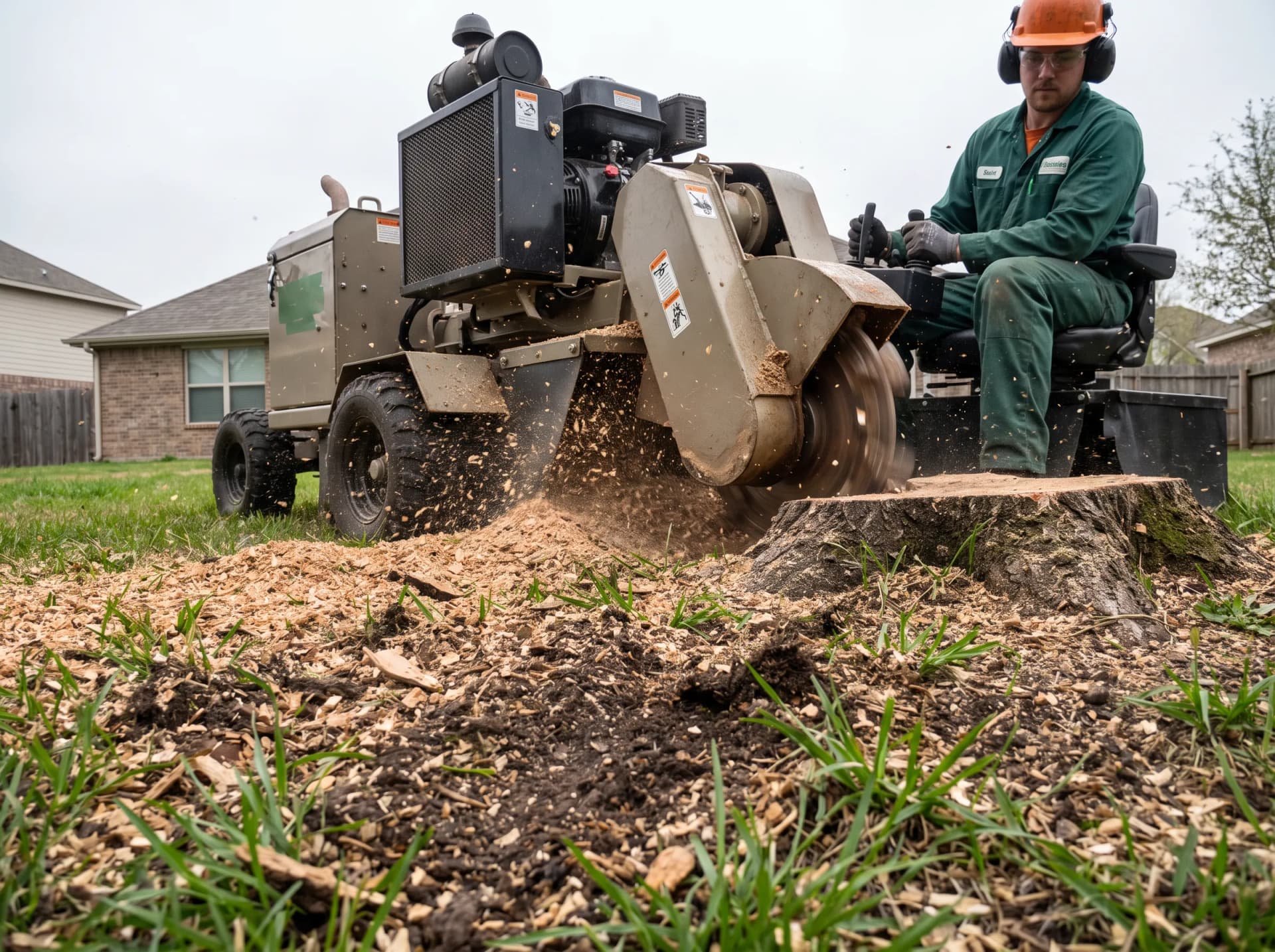Stump grinding machine removing a tree stump in a yard