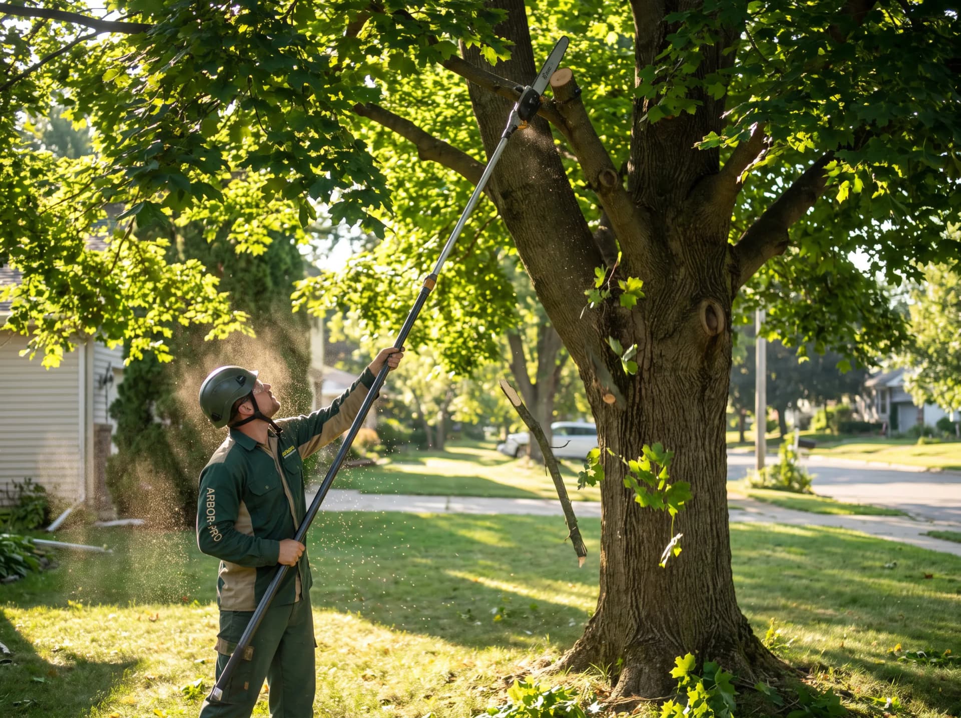 Tree crew member pruning high branches with a pole saw in York, PA