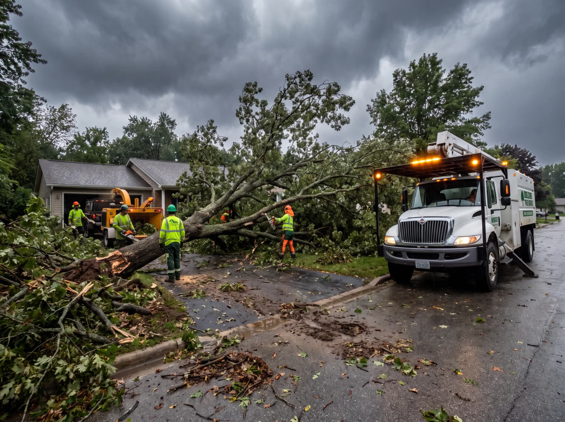 Crew clearing a storm-downed tree from a York, PA yard after high winds